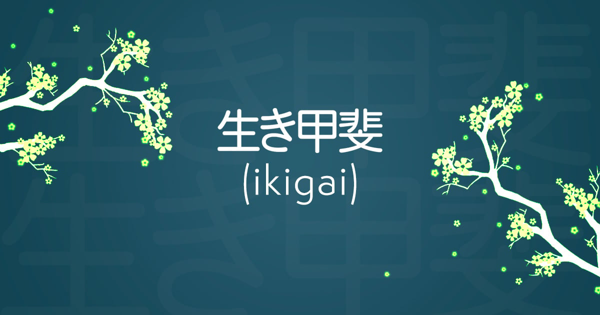 The word ikigai written in Kanji and english with two cherry blossom trees colored green. 